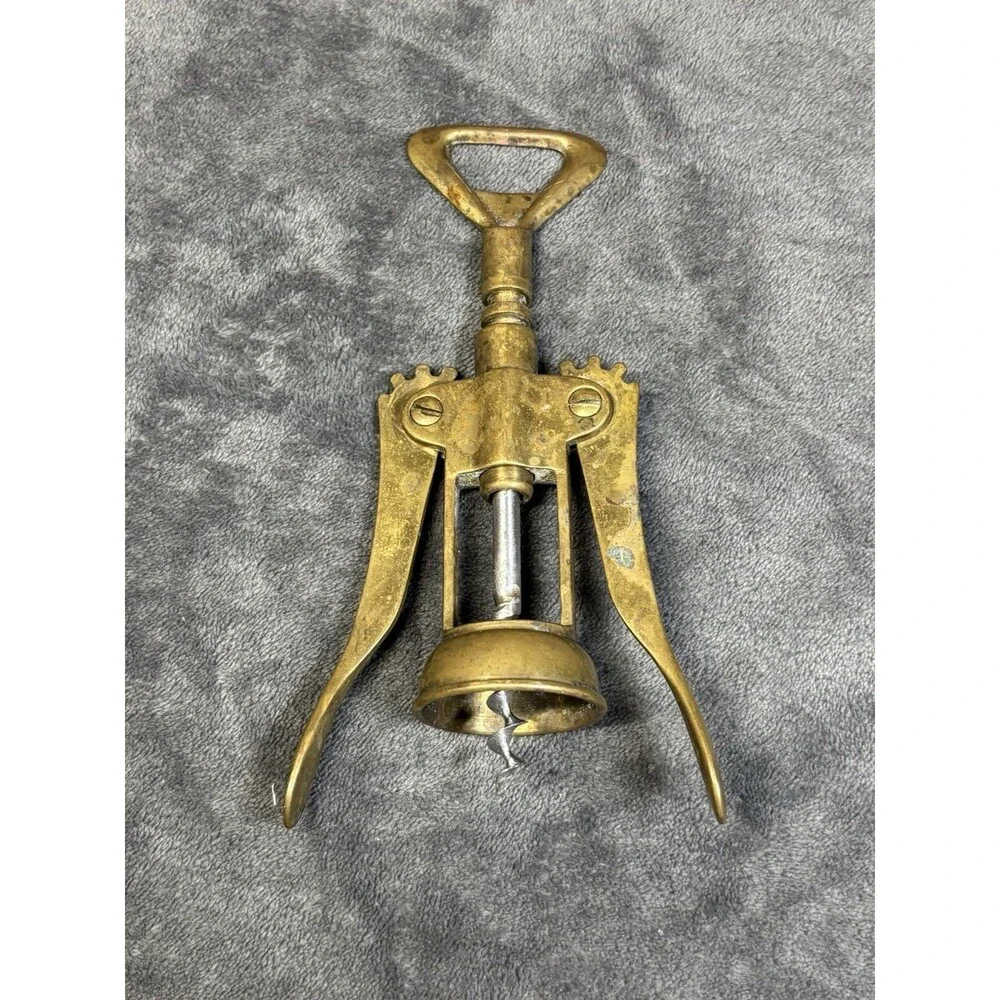 Vintage Solid Brass Winged Corkscrew Wine Bottle Opener Bar Tool Made in Italy